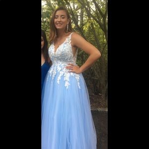 Blue formal prom dress ball gown lace detail